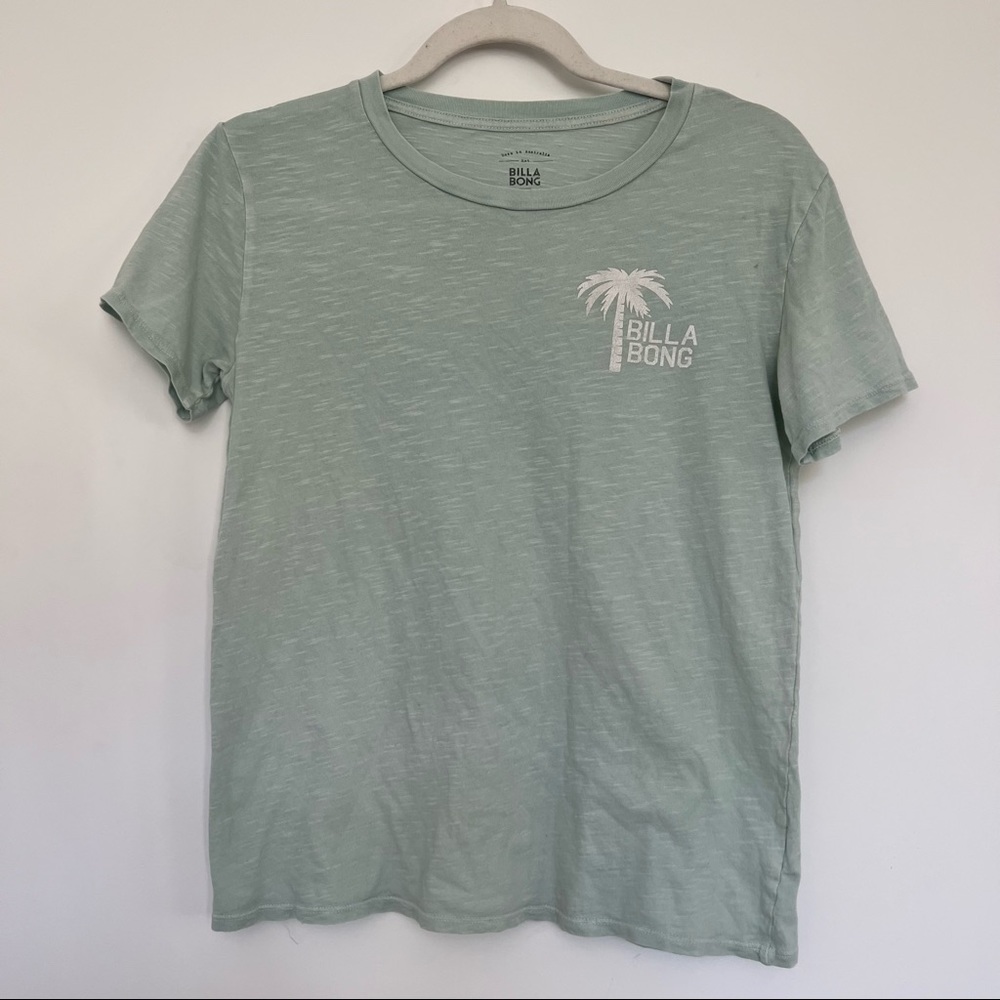 Turquoise Womens T-Shirt From Billabong Lounging Around Tee With Writing On Back